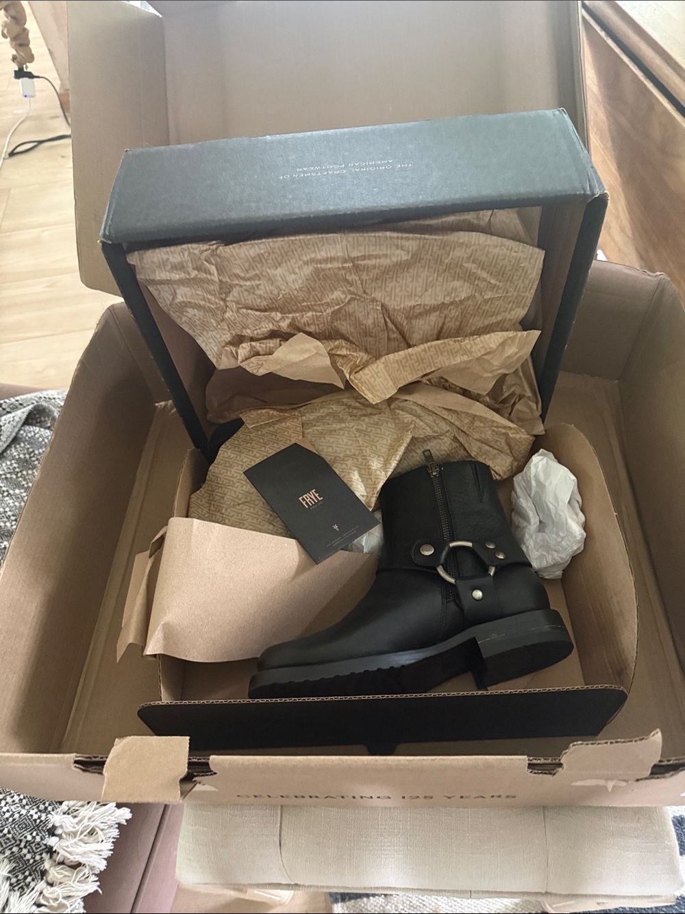 Frye Black Leather Moto Ankle Boot with Ring Hardware